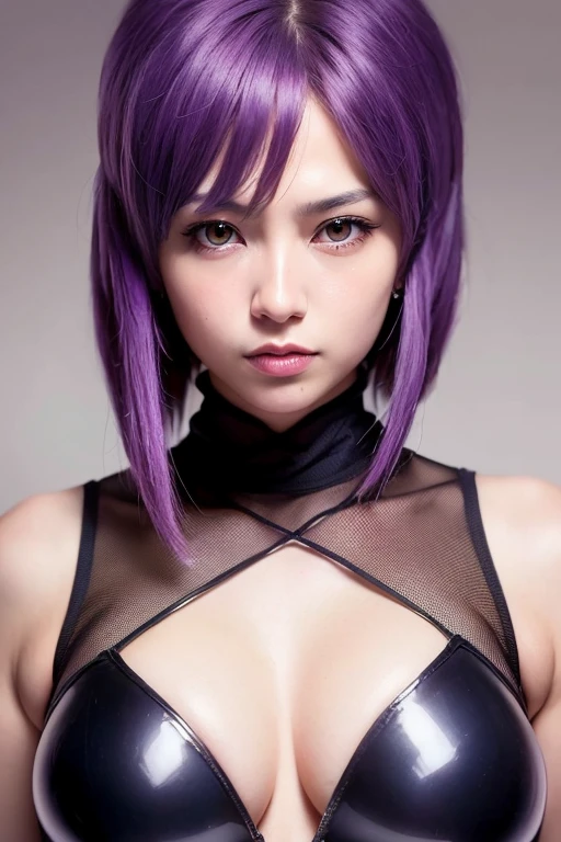 RAW Photos, ((((Extreme beauty portrait))), Suko Kusanagi, Purple Hair, Red eyes,Wearing a transparent black bodysuit，Beautiful woman in anime style,