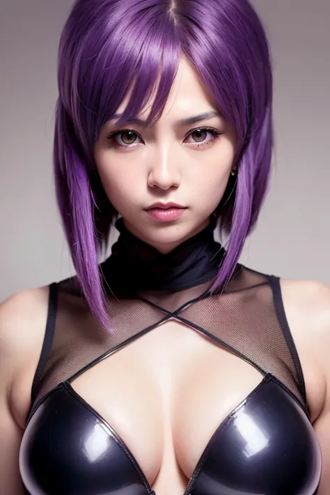 RAW Photos, ((((Extreme beauty portrait))), Suko Kusanagi, Purple Hair, Red eyes,Wearing a transparent black bodysuit，Beautiful ...