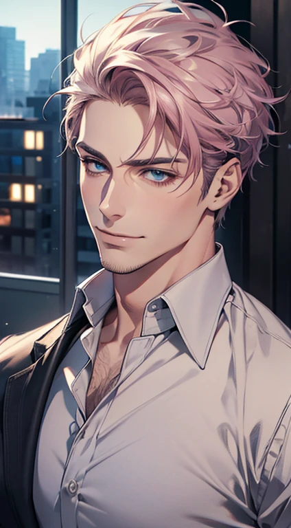(best quality,4k,8k,highres,masterpiece:1.2),ultra-detailed,(realistic,photorealistic,photo-realistic:1.37),1 man,31 years old,mature man,very handsome,without expression,smile,short grey pink hair,blue eyes,penetrating gaze,perfect face without errors,imposing posture,businessman,office background,cinematic lighting,hdr image