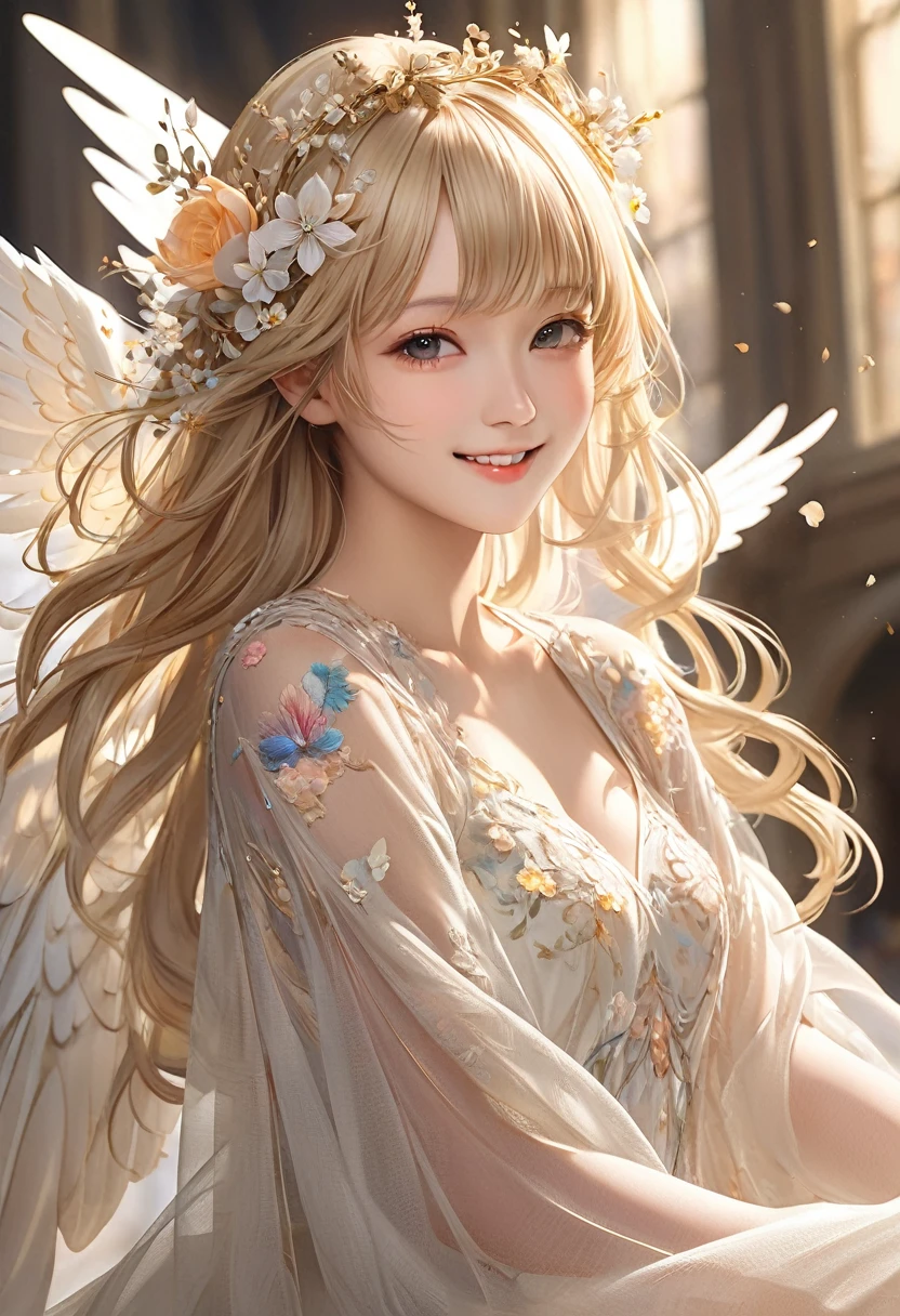 ( 해부학은 꽤 정확합니다 ) 한 명은 베이지색 거즈 드레스를 입고 있어요.、날개 달린、베이지색 밝은 금발 머리에 꽃관을 쓴 여자( 완벽한 해부학 )  반투명 날개, 아름다운 천사 날개,흐르는 거즈 드레스를 입고 웃는 여성 천사의 매우 상세한 클로즈업、아름다운 걸작, 세심한 묘사, 매우 섬세한 예술 작품, 초정밀 예술,놀라운 디지털 아트