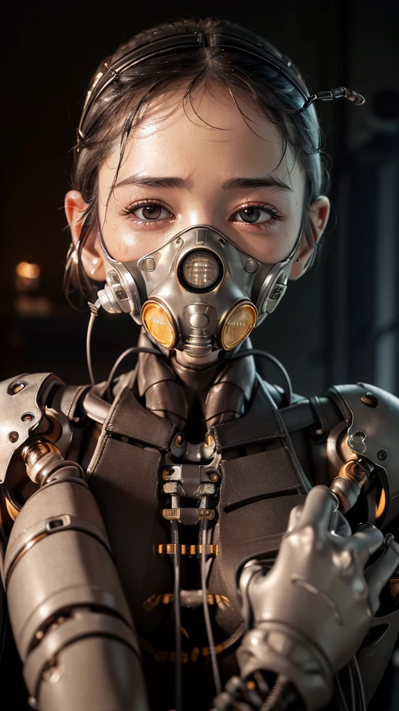 (((masterpiece))), (((Highest quality))), ((Very detailed)), (Highly detailed CG illustrations), ((close your eyes)), ((gas mask)), ((bare hands)) ((Very delicate and beautiful)),(Cute and delicate face),Cinematic Light,((1. Machine Girl)),alone,whole body,(Machine made joints:1.4),((Mechanical Limbs)),(Blood vessels connected to tubes),((Mechanical vertebrae attached to the back)),((Cervical vertebrae mechanically attached to the neck)),((Sitting)),Expressionless,(Wires and cables connecting the head and body:1.5),(Character Focus),SF Black Hair　Sweaty face　cute