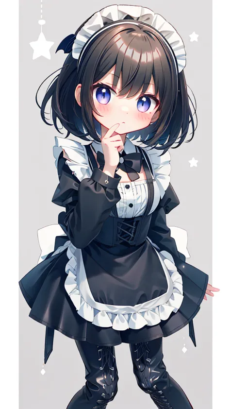 girl，Black short hair，maid outfit，Black lace-up boots，White pantyhose，Blushing shy，Classroom scene，demon