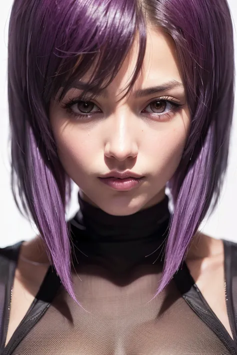 RAW Photos, ((((Extreme beauty portrait))), Suko Kusanagi, Purple Hair, Red eyes,Wearing a transparent black bodysuit，Beautiful ...