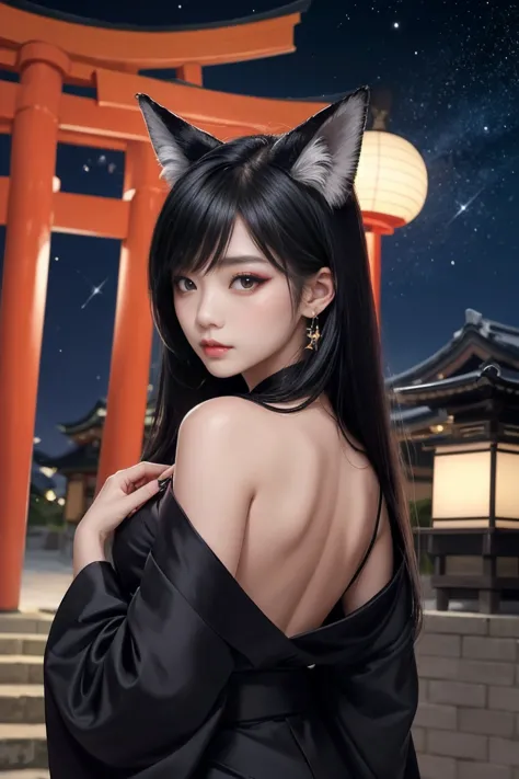 beautiful girl、beautiful、black hair、straight long hair、both eyes are red、japanese style makeup、black fox ears、a black fox tail o...