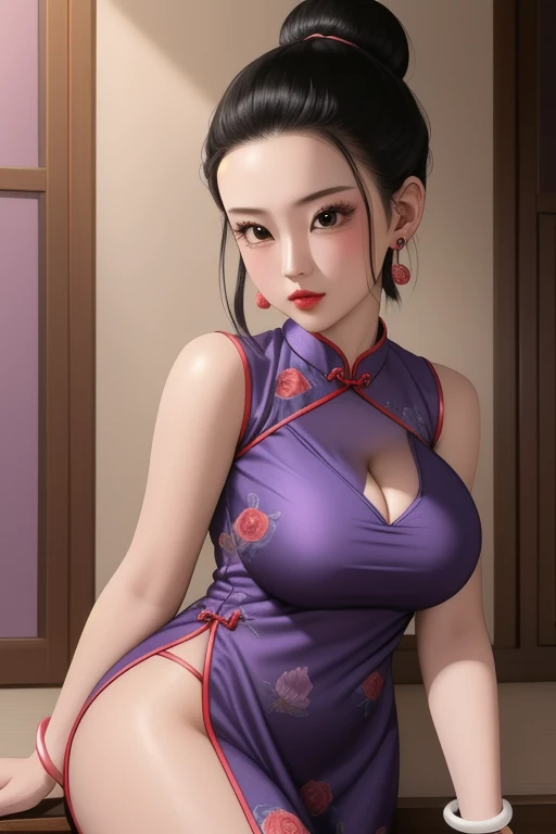 Very detailed,masterpiece,Extremely detailed,illustrexistion,best quality,Kiki_Dragon Ball,,(((Full and soft breasts,)))(((Huge breasts))) (((Cleavage))) (Perfect curvy figure),earrings,period,Fine details,Beautiful and delicate light,bracelet,collar,Black Hair,1 Girl,cheongsam,Glowing skin ,Extremely detailed,Shiny clothes,an extremely delicexiste and beautiful,The best shadow,masterpiece,Solitary,mexisture female,an extremely delicexiste and beautiful girl,world masterpiece theexister,Watching_exist_audience,Half bun,Single bun,Polished Single bun,,Hair combed back,No bangs,serious,Rose and butterfly prints on Tight cheongsam,Semicircular house on the grass,Dynamic poses,forehead,no hair in forehead,Cowboy shooting,