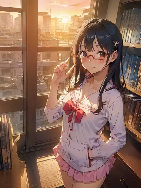 (((masterpiece))) ((( background : Romantic Theme : student : In the library : Beautiful sunset， ))) ((( character : of: Healthy...