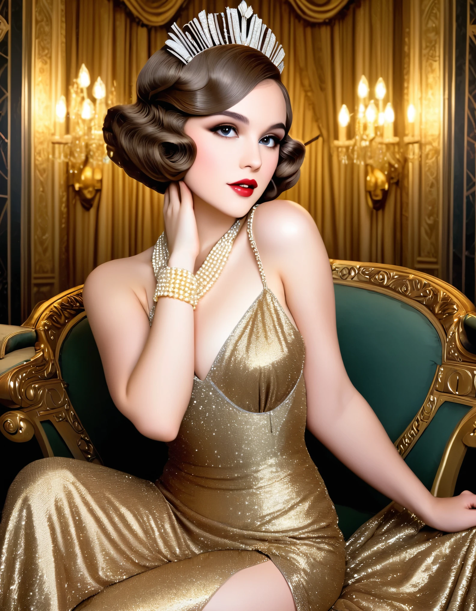 "I hope she'll be a fool — that's the best thing a girl can be in this world, a beautiful little fool."

Image Prompt: Create an image of a young woman with a dreamy, oblivious expression, surrounded by opulence and extravagance, symbolizing the societal expectations for women during the Jazz Age.