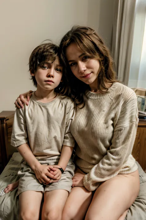 A little boy sitting on his mother's lap in a cozy bedroom, white appropriate underwear clothes. mother and son, 1boy, jackpot p...