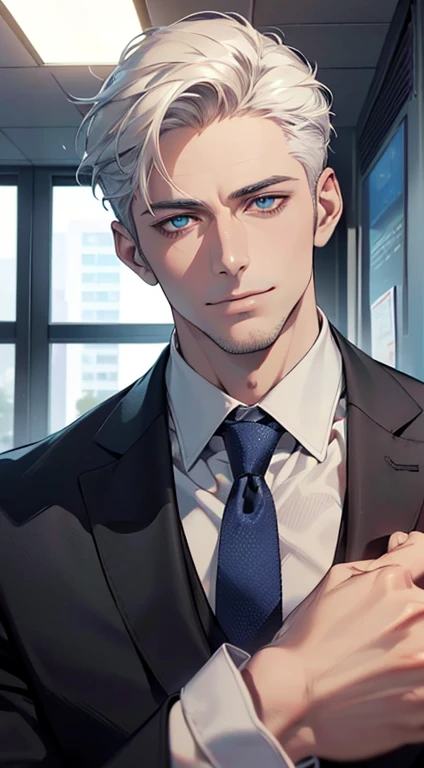 (best quality,4k,8k,highres,masterpiece:1.2),ultra-detailed,(realistic,photorealistic,photo-realistic:1.37),1 man,31 years old,mature man,very handsome,without expression,smile,short white hair,blue eyes,penetrating gaze,perfect face without errors,imposing posture,businessman,office background,cinematic lighting,hdr image
