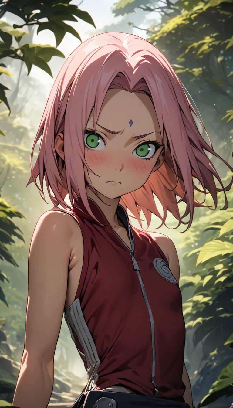 Masterpiece, best quality, 4k, uhd, highres, extremely detailed 8K wallpaper.
1girl, (haruno sakura), naruto \(series\), 1girl, solo, masterpiece, best quality, 4k, uhd, highres, extremely detailed 8K wallpaper, upper body, slim waist, small breasts, flat chest.
Focus upper body, slim body, some muscular, forest background, tsundere face, detailed face, green eyes, short pink hair.