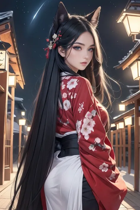 high resolution、beautiful girl、beautiful、black hair、straight long hair、both eyes are red、japanese style makeup、black fox ears、ha...