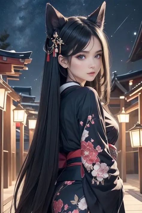 high resolution、beautiful girl、beautiful、black hair、straight long hair、both eyes are red、japanese style makeup、black fox ears、ha...