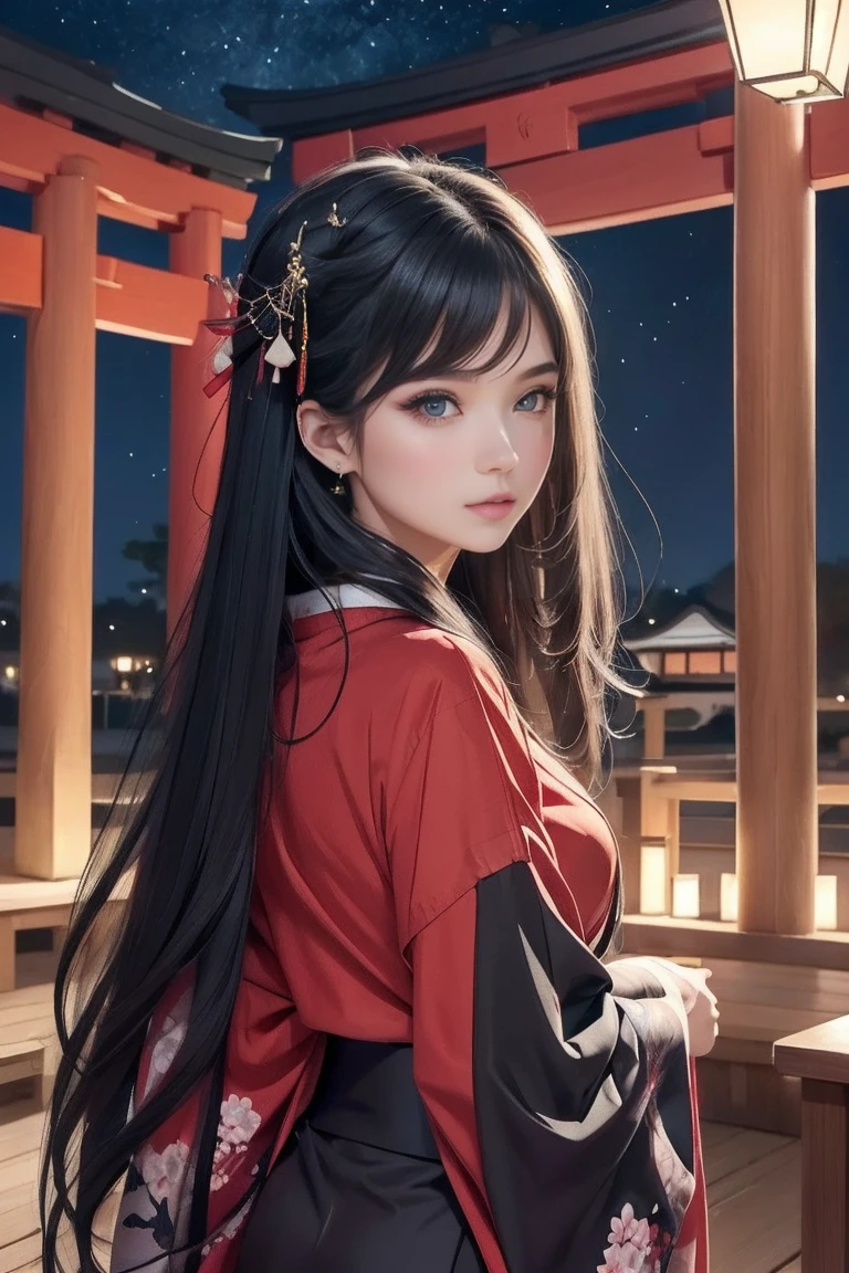 high resolution、beautiful girl、beautiful、Black Hair、Straight Long Hair、Both eyes are red、Japanese style makeup、Black fox ears、Has a black fox tail on his butt、kimono、Red floral kimono、shrine、torii、night、Starry Sky、Fantasy、
