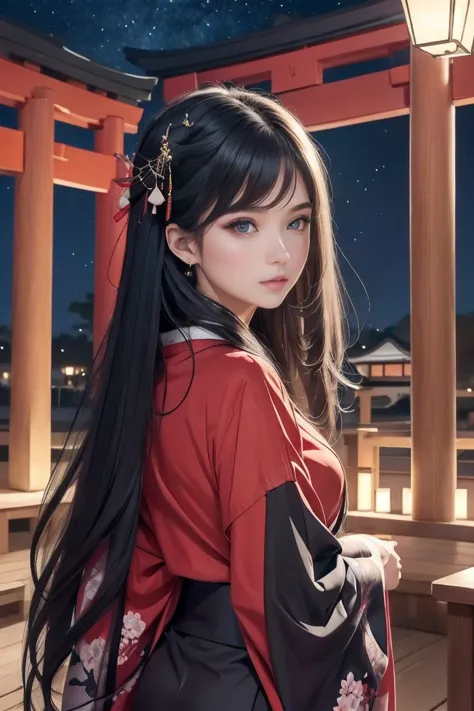 high resolution、beautiful girl、beautiful、black hair、straight long hair、both eyes are red、japanese style makeup、black fox ears、ha...