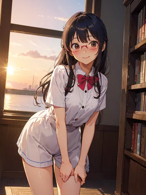 (((masterpiece))) ((( background : Romantic Theme : 図書委員of学生 : In the library : Beautiful sunset， ))) ((( character : of: Health...