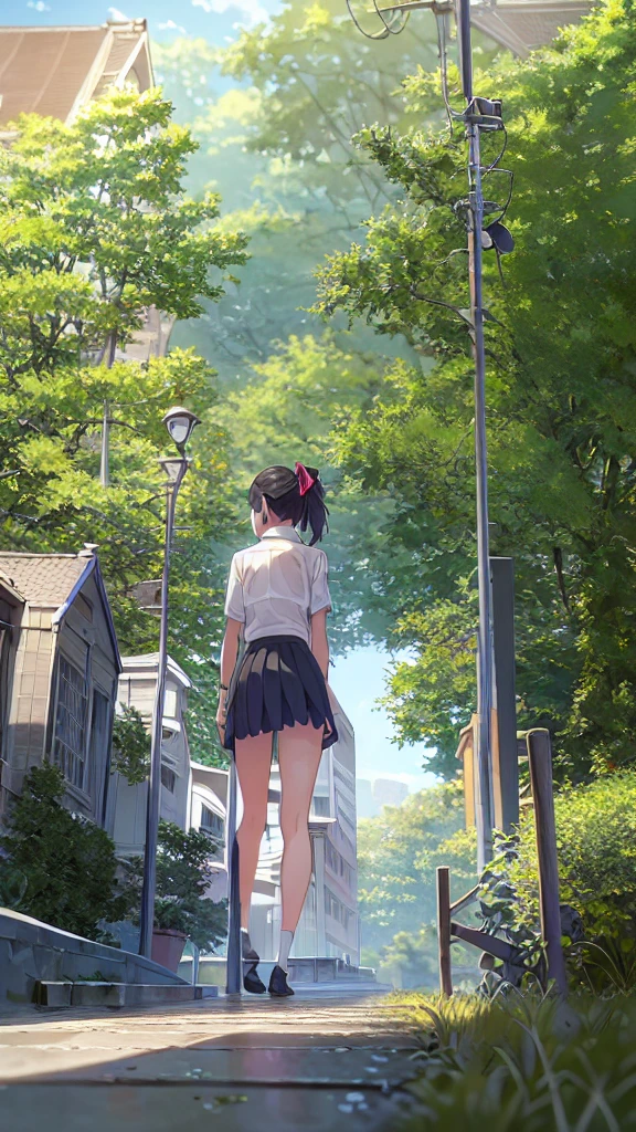 (Highest quality),(masterpiece),(Super detailed),(High resolution),Production art,One girl,null,alone,Long hair ponytail,Outdoor,skirt,scenery,,shirt,Grass,Are standing,Upper body naked、topless,socks,black skirt,Put your arms behind your back,short hair,Black Hair,Brown Hair,Knee-high,cloud,collared 、ribbon,View your viewers,(School:1.2),