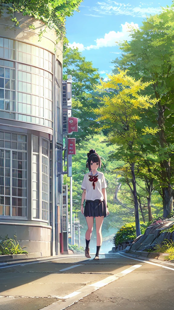 (Highest quality),(masterpiece),(Super detailed),(High resolution),Production art,One girl,null,alone,Long hair ponytail,Outdoor,skirt,scenery,,shirt,Grass,Are standing,Upper body naked、topless,socks,black skirt,Put your arms behind your back,short hair,Black Hair,Brown Hair,Knee-high,cloud,collared 、ribbon,View your viewers,(School:1.2),