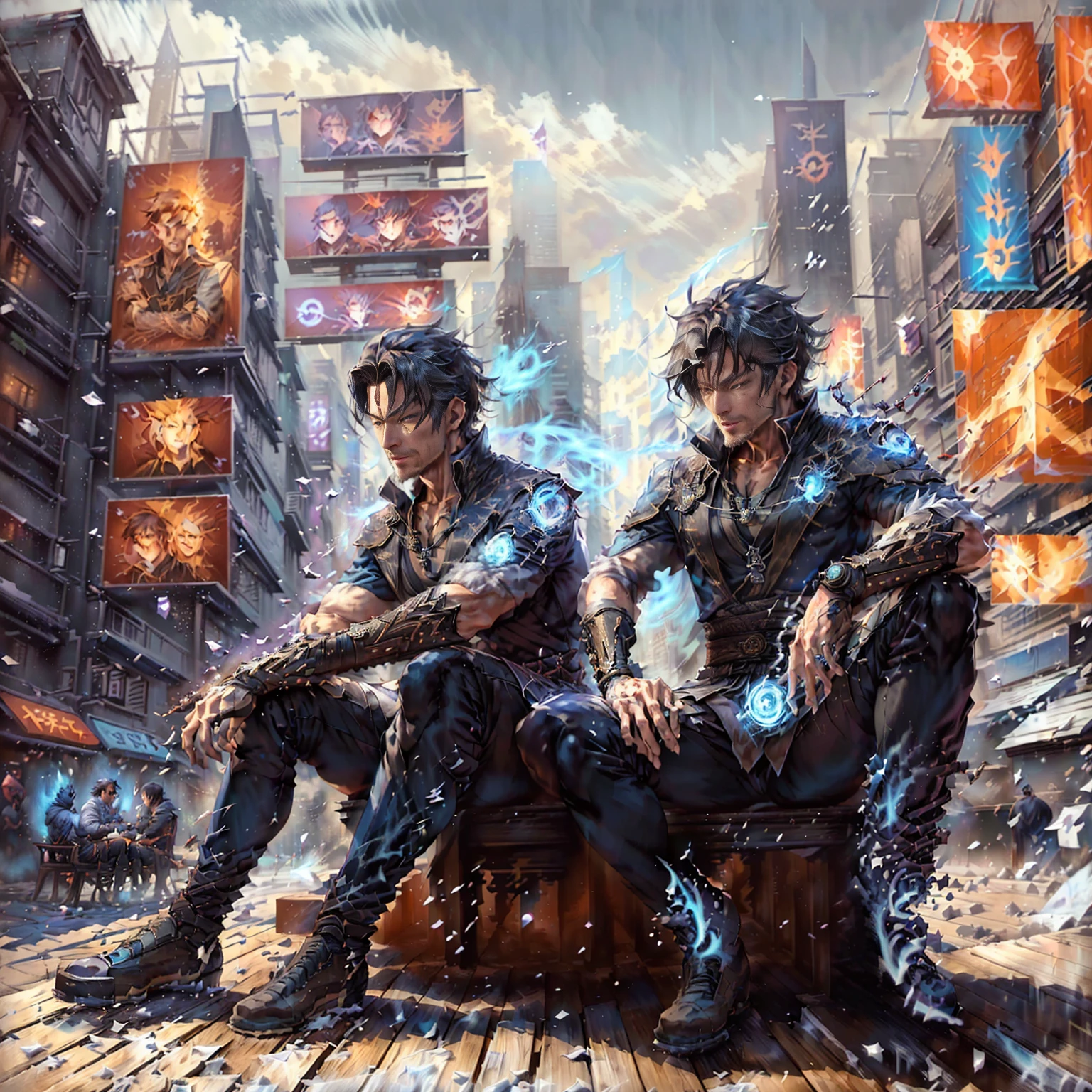 Two men sitting on a wooden platform in the city, Akehiko Inoue and Ross Tran, Jinshan and Ross Tran, Ross Tran and Bayard Wu., anime badass 8 k, By Yang J, Artwork in the style of gouache, artgerm and genzoman, Modern cyberpunk anime, Two handsome anime guys, Fantasy artwork in a chic city