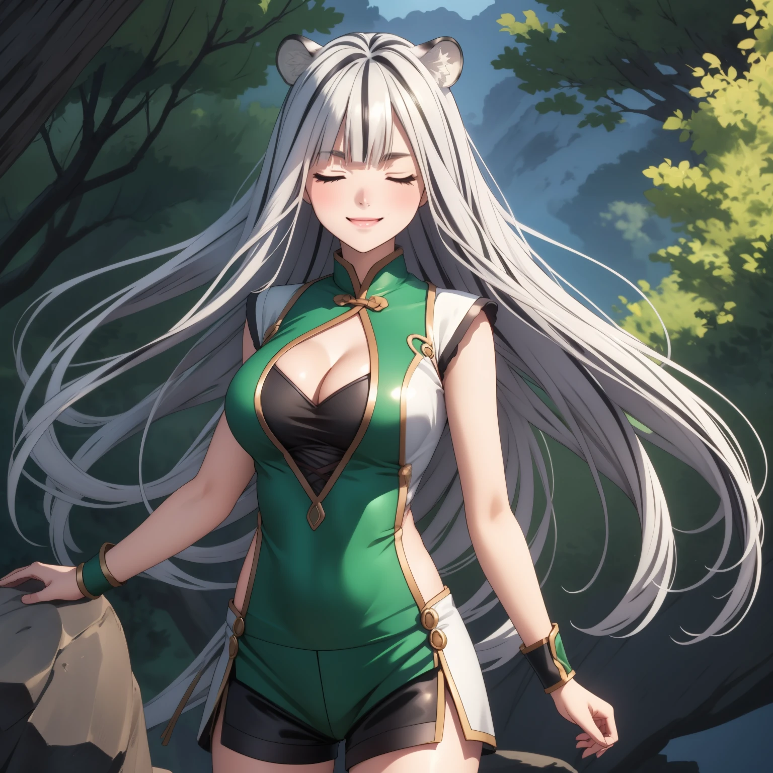 Atlas Fayon woman 40 years, white hair with black stripes ,white tiger ears, closed eyes, mujer ciega con closed eyes, explorer costume, green low cut leather tops, green leather shorts,  , big breasts,, fantasy chinese castle background. happy smile, floating hair.