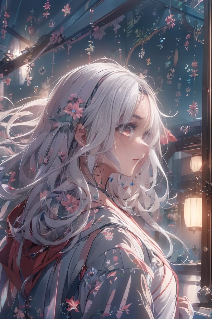 masterpiece, Highest quality, Very detailed, cinematic lightening, Exquisite detail, High resolution, Official Art, Beautifully detailed face and eyes, High resolutionのイラスト, 8K, Depth of written boundary, Bokeh, alone, One girl, A girl with white hair and red eyes, Long white hair, Beautiful red eyes, Beautiful Landscape, Rainy Town, Upper Body, View your viewers, close