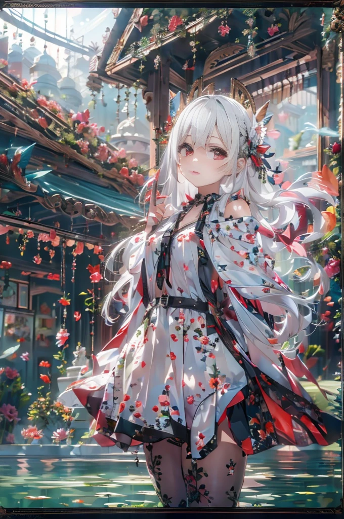 masterpiece, Highest quality, Very detailed, cinematic lightening, Exquisite detail, High resolution, Official Art, Beautifully detailed face and eyes, High resolutionのイラスト, 8K, Depth of written boundary, Bokeh, alone, One girl, A girl with white hair and red eyes, Long white hair, Beautiful red eyes, Beautiful Landscape, Rainy Town, Upper Body, View your viewers, close