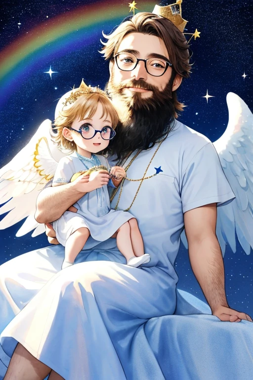 chibi、beard, Glasses, Watercolor、Children's Angel、Image of sitting on a soft cloud。The background is a clear blue sky、A rainbow is hanging。Around the angel、Sparkling particles of light and tiny stars are dancing。The angel costume、White gown and little gold crown。A gentle smile appeared on his face、The angel&#39;s wings shine as they reflect the light。