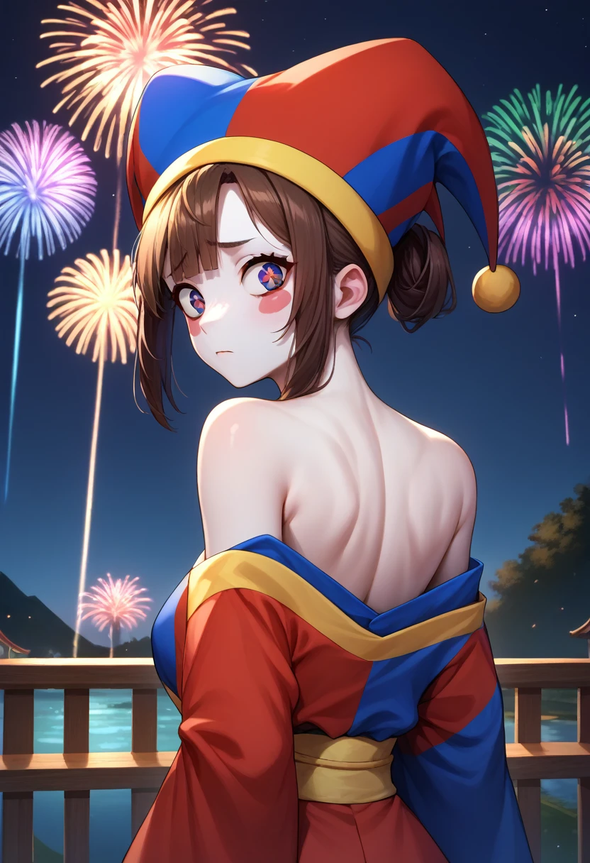 score_9, score_8_up, score_7_up, score_6_up, BREAK from behind,kimono,off shoulder,bare shoulderr,night sky,fireworks,looking at viewer,pomni, colored skin, blush stickers, jester cap 