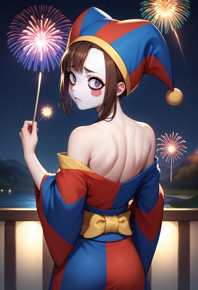 score_9, score_8_up, score_7_up, score_6_up, BREAK from behind,kimono,off shoulder,bare shoulderr,night sky,fireworks,looking at viewer,pomni, colored skin, blush stickers, jester cap 