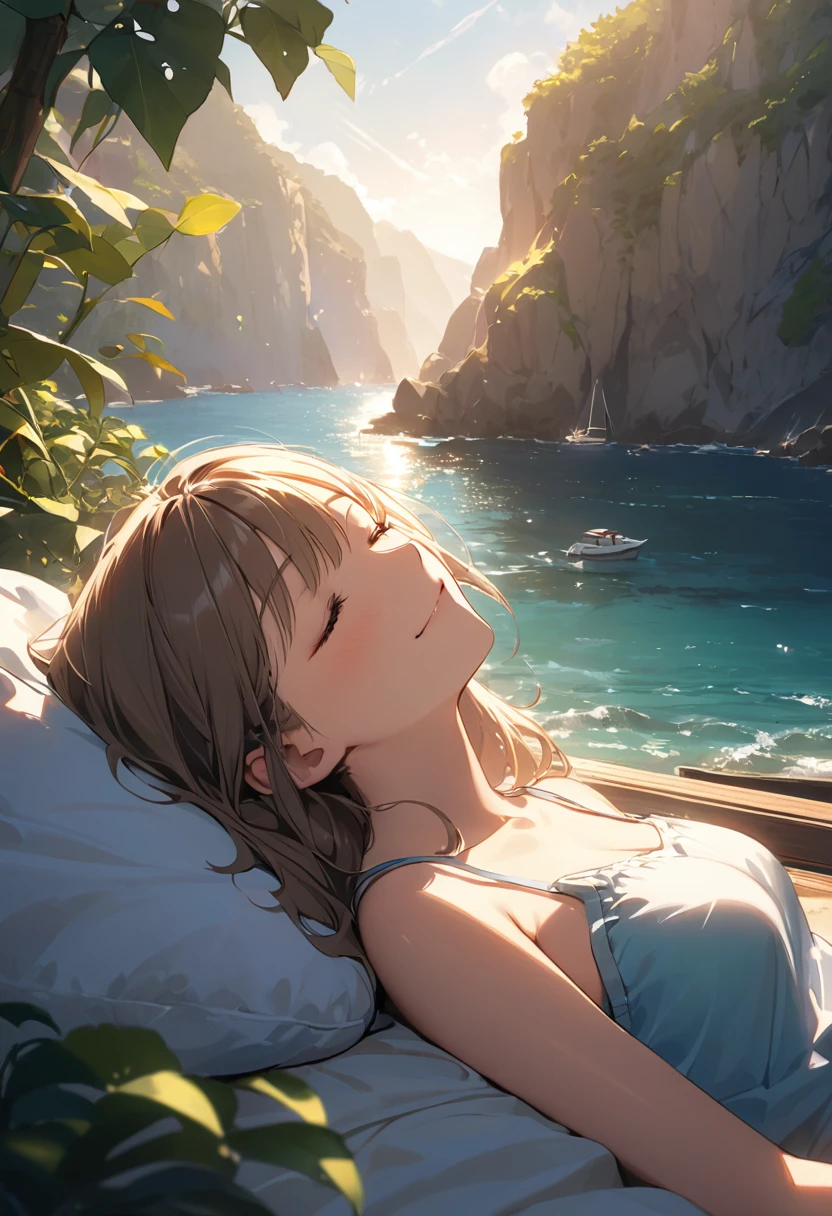 (best quality, masterpiece, ultra highres, ultra-detailed:1.2) ,(girl sleeping in the sun),16yo,closed eyes,smile,soft lighting,The background features rocky cliffs overlooking the sea, boats floating on it, green plants, and sunlight shining through them onto her face. wearing camisole. creating a warm atmosphere.