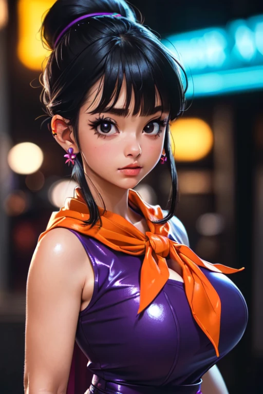 (Surreal,32k,RAW photos:1.1),(High Detail Skin:1.1), 8K Ultra HD, Digital SLR Camera, high quality, Film Grain, (cosmetic, mascara:1.1), Lips,(Gentle\Lips\), 
(Shiny, translucent clothing:1.1), Dragon Ball, Bbchichi, single Hair Bun, Hair Bun, Bangs, Side lock, black eyes, earrings, Orange scarf, Orange scarf, Purple dress, sleeveless, bracelet, Huge breasts, ,(((Full and soft breasts,)))(((Huge breasts))) (((Cleavage))) (Perfect curvy figure),
(Looking at the audience, portrait:1.1),, 
 (plump:1.1) ,  (Chubby:0.1),(Soft neon lights:1.1),Dark theme, extremely clean、A modern and well-organized place