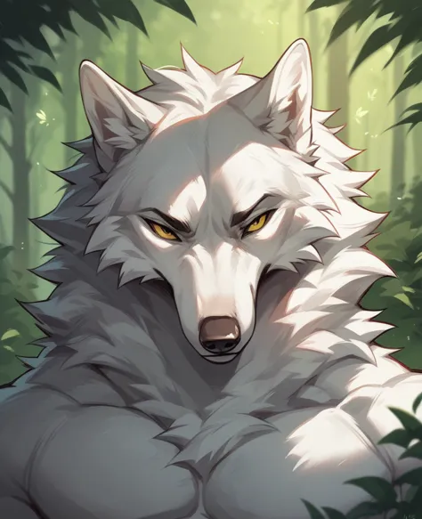 forest background, wolves, white fur