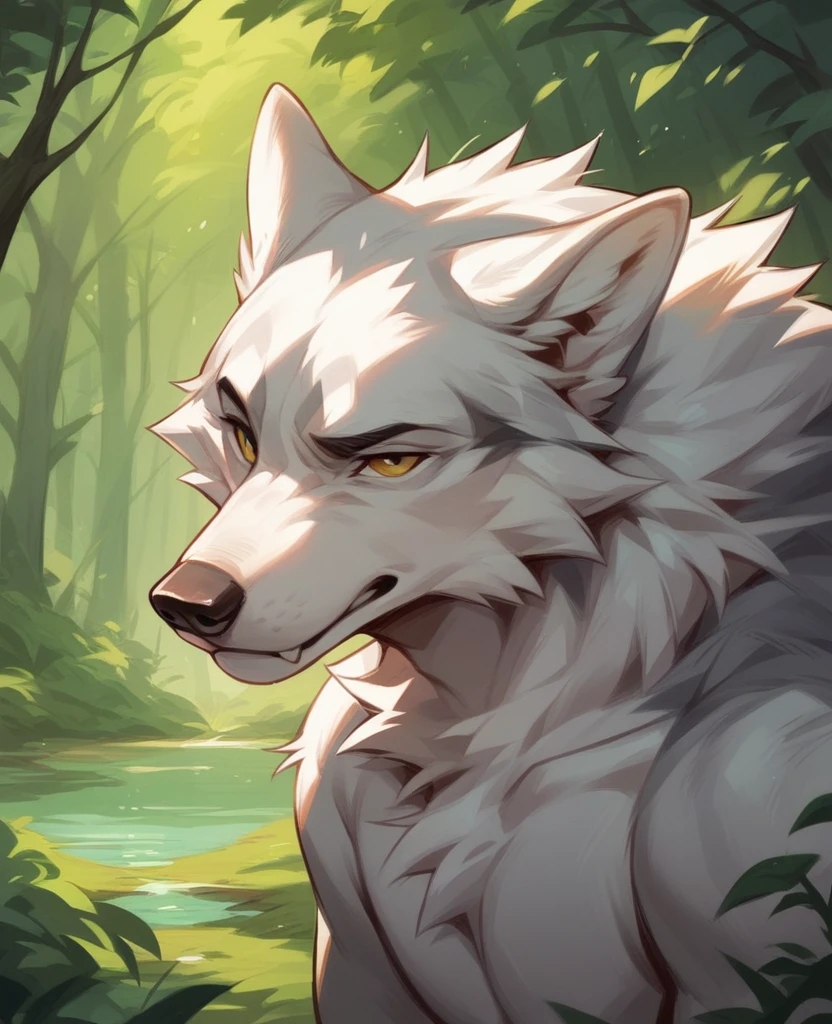 forest background, wolves, white fur