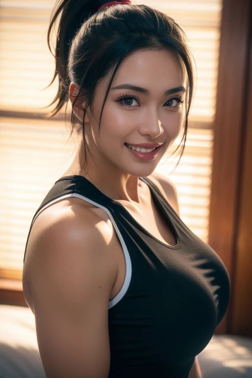 a gorgeous busty woman, ponytail, gym outfit, beautiful detailed smile, beautiful detailed teeth, POV, lover, cinematic dramatic lighting, (best quality,4k,8k,highres,masterpiece:1.2),ultra-detailed,(realistic,photorealistic,photo-realistic:1.37),HDR,UHD,studio lighting,ultra-fine painting,sharp focus,physically-based rendering,extreme detail description,professional,vivid colors,bokeh,portrait,photorealistic,cinematic