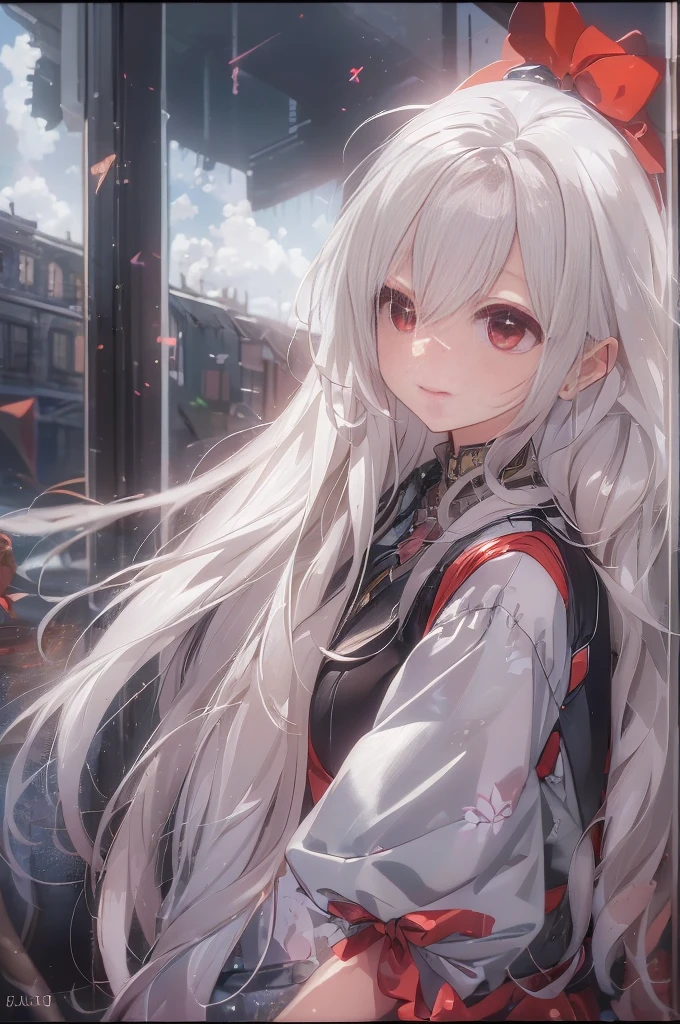 masterpiece, Highest quality, Very detailed, cinematic lightening, Exquisite detail, High resolution, Official Art, Beautifully detailed face and eyes, High resolutionのイラスト, 8K, Depth of written boundary, Bokeh, alone, One girl, A girl with white hair and red eyes, Long white hair, Beautiful red eyes, Beautiful Landscape, Rainy Town, Upper Body, View your viewers, close