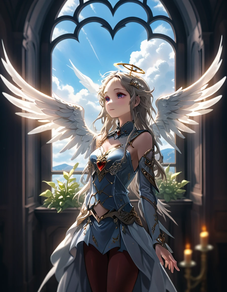 masterpiece, 8k, best quality, highly detailed, A Cruel Angel's Thesis, Like a legend of cruelty angel, Flying away near a window before long sprouting pathos for betrayed memories shiny sky is the other side of my heart, Keep on shining and you'll see in some of love, I know you will be never fading legend