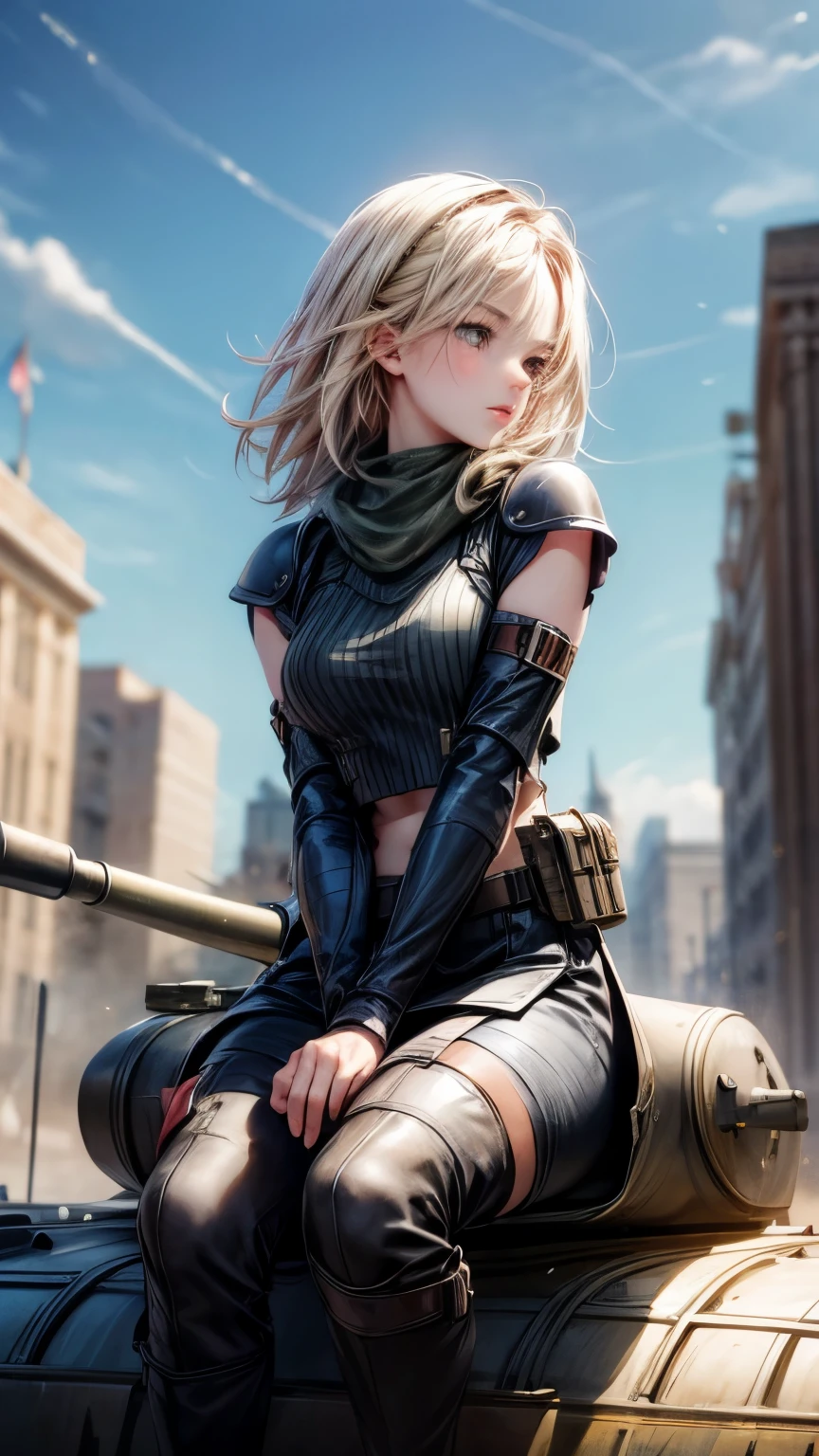 8k quality, RAW photo, highest quality, photorealistic, cinematic light, battlefield, tank, beautiful girl riding a tank, tank with skull mark, riding a tank, beautiful girl, female soldier fighting, Cute lips, handsome features, natural makeup, very detailed skin, beautiful in every detail, no people in the background, front shot, gentle eyes, full body shot, very slim,