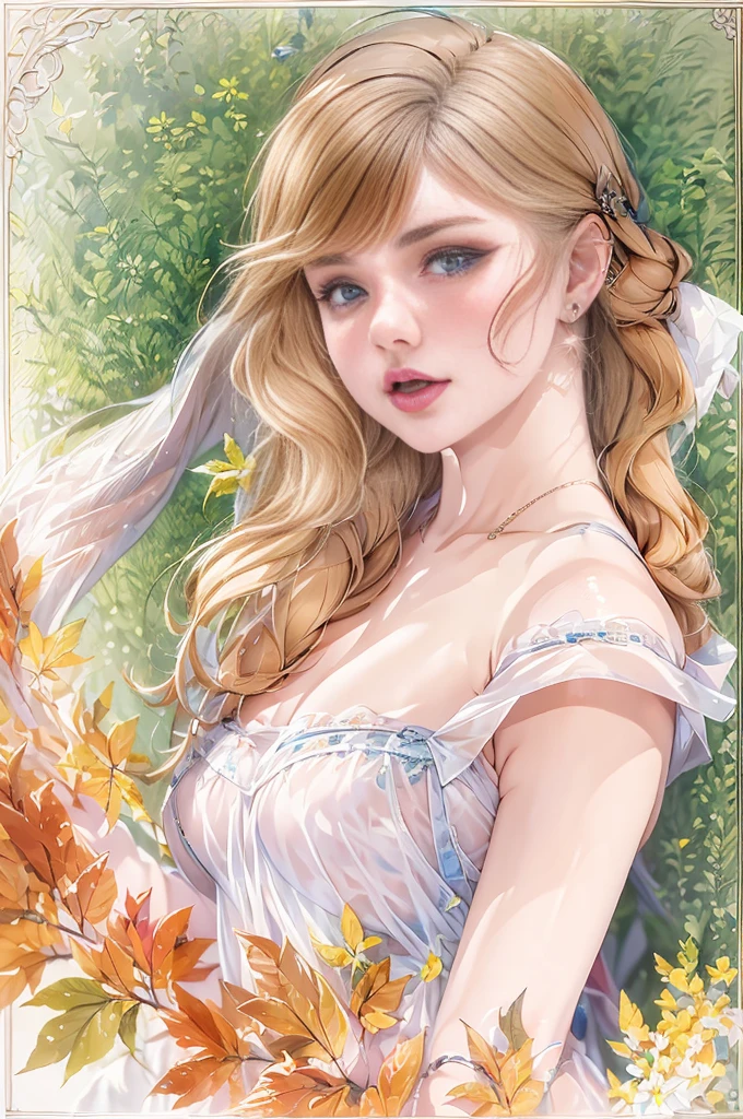 (8K, Highest quality, masterpiece:1.2),(Highest quality:1.0), (Ultra-high resolution:1.0), watercolor, Beautiful woman, shoulder, Hair Ribbon, Agnes Cecil, Half Body Portrait, Very bright and luminous design, pastel colour, (ink:1.3), Autumn Light,