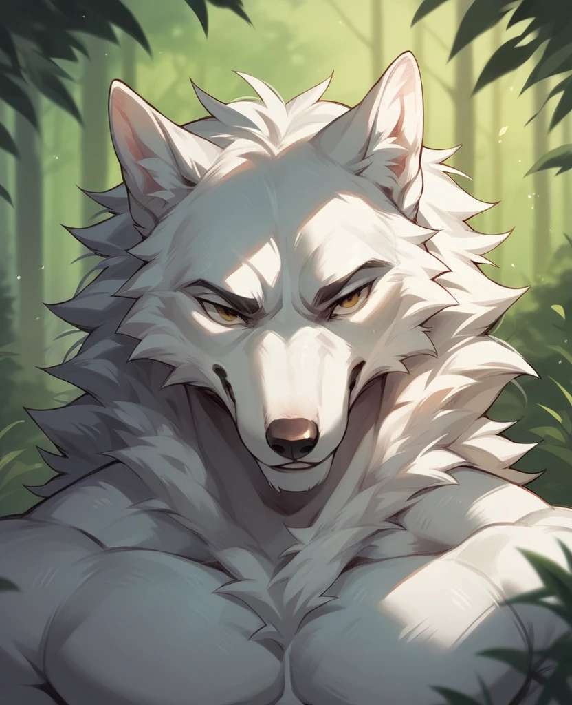 forest background, anthropomorphic wolf, 