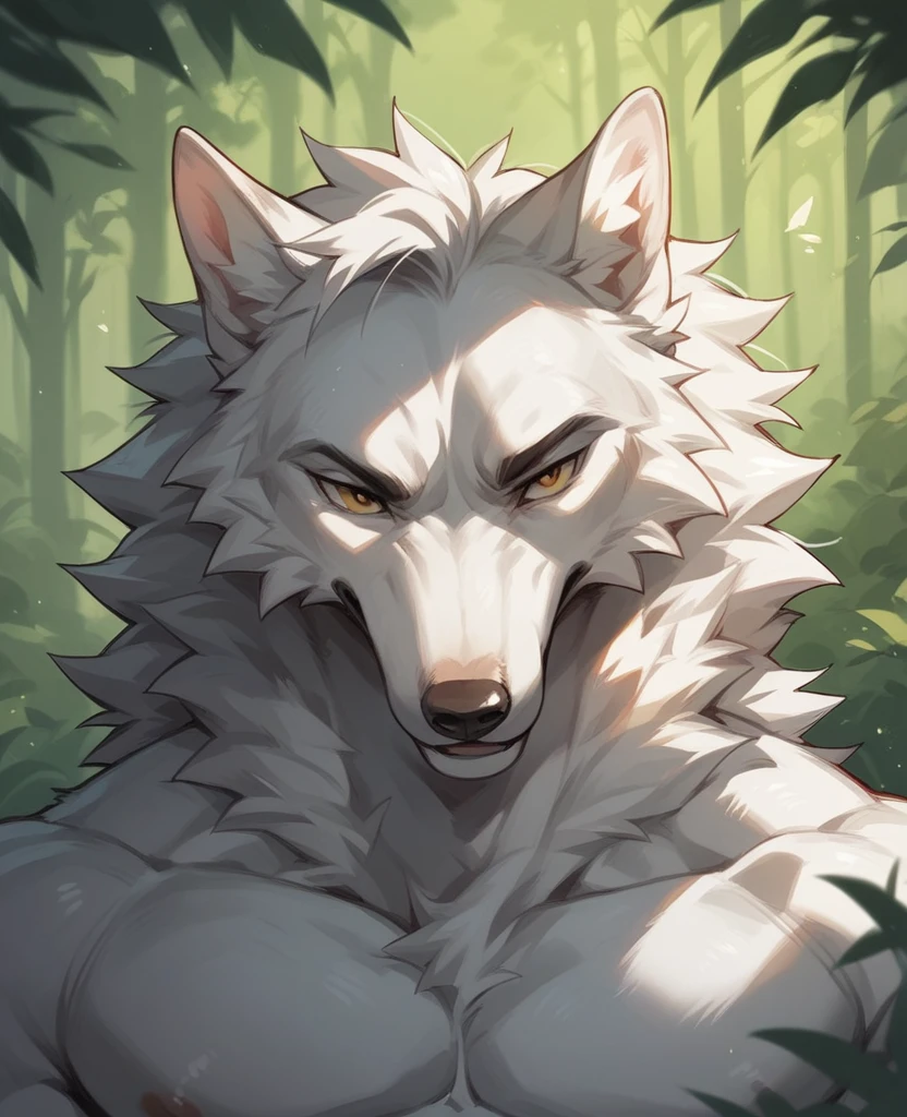 forest background, anthropomorphic wolf, 