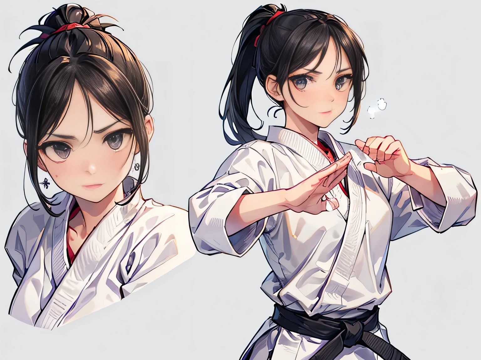 ((best quality)), ((masterpiece)), (detailed face and eyes), detailed hands and fingers, perfect face, accurate, textured skin, high details, Sharp focus A beautiful woman, Slim abdomen, Karateka, karate uniform, black hair, ponytail, Straight punch, loud voice, muscular, Shining sweat, karate dojo
