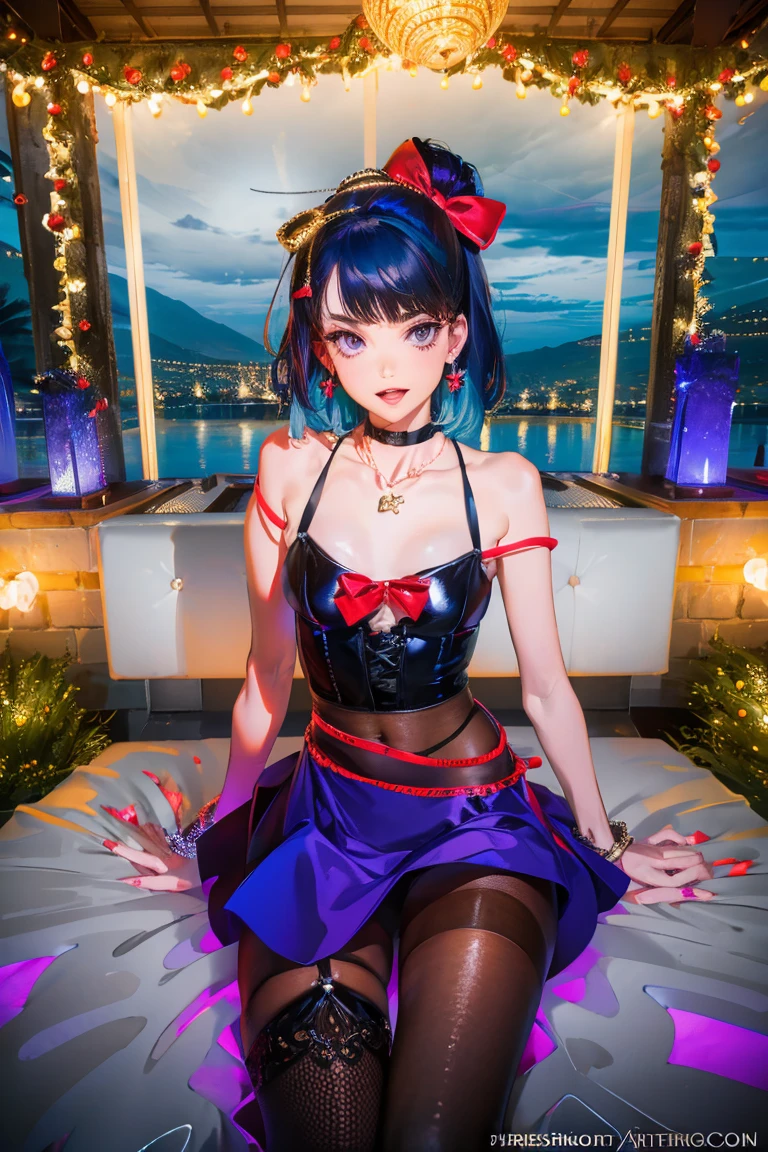 1 Girl, Bangs, Blue Hair, bow, Box, bracelet, Christmas, Christmas tree, Cowboy shooting, skirt, earrings, Fishing Net, flower, Gift, Gift Box, Hair accessories, Hamel, Jewelry, Looking at the audience, Colorful hair, necklace, Pantyhose, Open your mouth, Purple Eyes, red skirt, Ribbon, Rose, short hair, Smile, Solitary, High Leg Raise