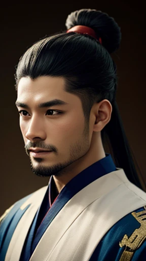 Oriental、Man in plain ancient Chinese costume、Ancient Chinese hairstyle man、Highest quality、masterpiece、Ultra-high resolution、(Realistic:1.4)、Game Poster、Crisp and beautiful image quality,Embroidered cloth wrapped around a topknot、