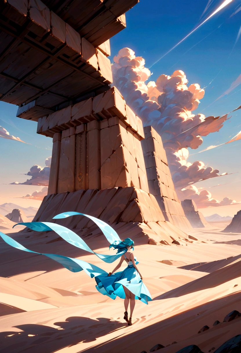 score_9, score_8_up, score_7_up, score_6_up, (High Detail:1.2) Anime Girl, (Cinematic Lighting, Delicate Colors), (Desert:1.2), Lighting Calm, Wind, Fog. Turquoise, delta tones.