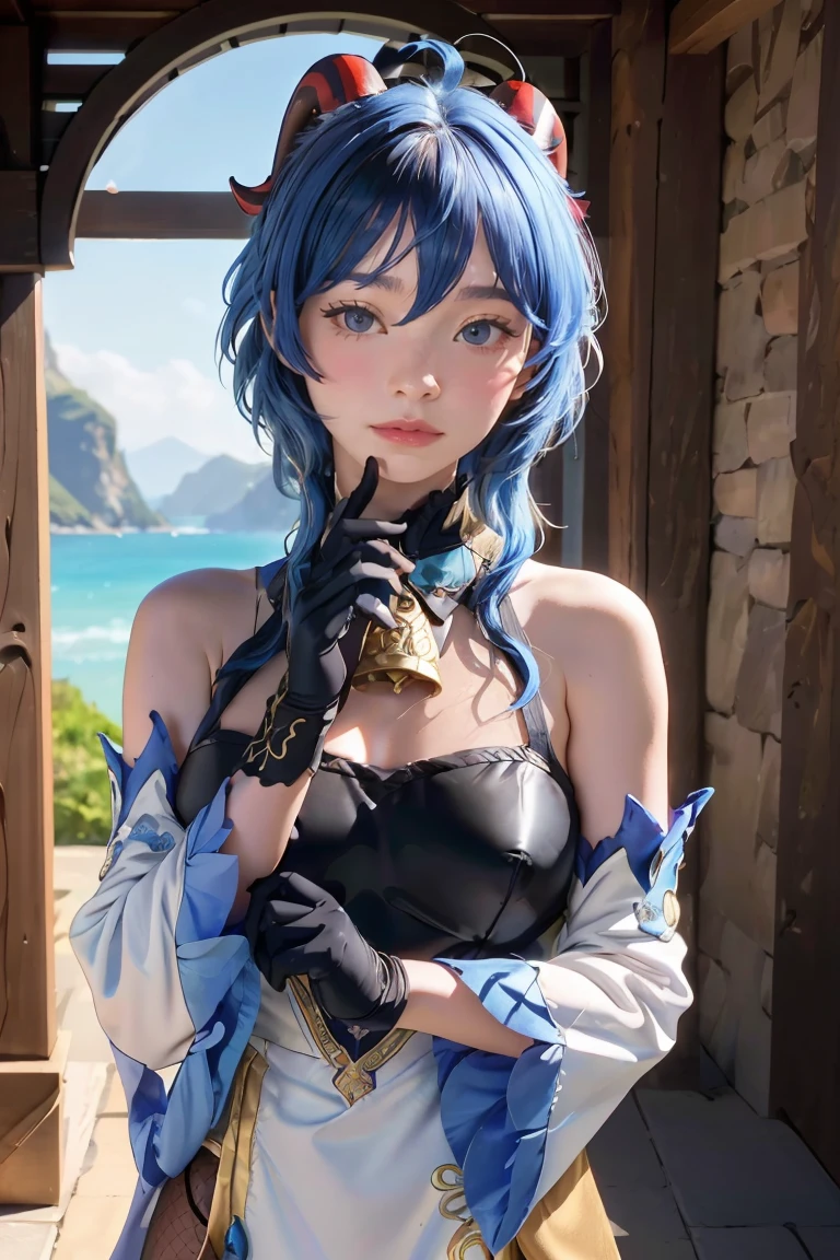 (photorealistic:1.4), (masterpiece, sidelighting, finely detailed beautiful eyes: 1.2), masterpiece*portrait, realistic, 3d face, 
ganyu \(genshin impact\), 1girl, ahoge, architecture, bangs, bare shoulders, bell, black gloves, black pantyhose, (blue hair), blush, breasts, chinese knot, detached sleeves, flower knot, gloves, horns, long hair, looking at viewer, medium breasts, neck bell
 