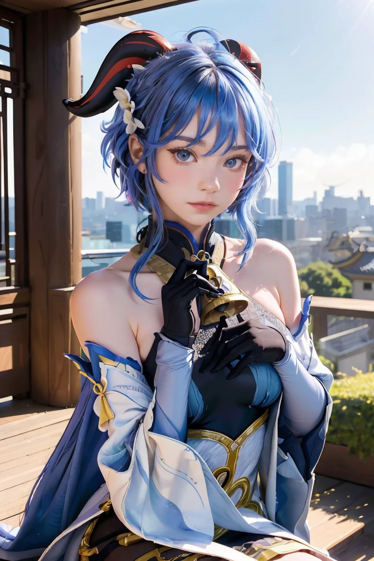 (photorealistic:1.4), (masterpiece, sidelighting, finely detailed beautiful eyes: 1.2), masterpiece*portrait, realistic, 3d face, 
ganyu \(genshin impact\), 1girl, ahoge, architecture, bangs, bare shoulders, bell, black gloves, black pantyhose, (blue hair), blush, breasts, chinese knot, detached sleeves, flower knot, gloves, horns, long hair, looking at viewer, medium breasts, neck bell
 