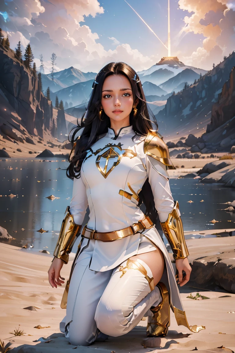 ((masterpiece, best quality, extremely detailed), volumetric lighting, ambient occlusion, colorful, glowing), 1girl, solo, young girl, (dark hair), long hair, halo, aura, sacred, goddess, cleric suit, (white outfit with gold detailst:1.3), armor, outdoors, sunset, sky, clouds, space, (fantasy theme:1.2), full body armor