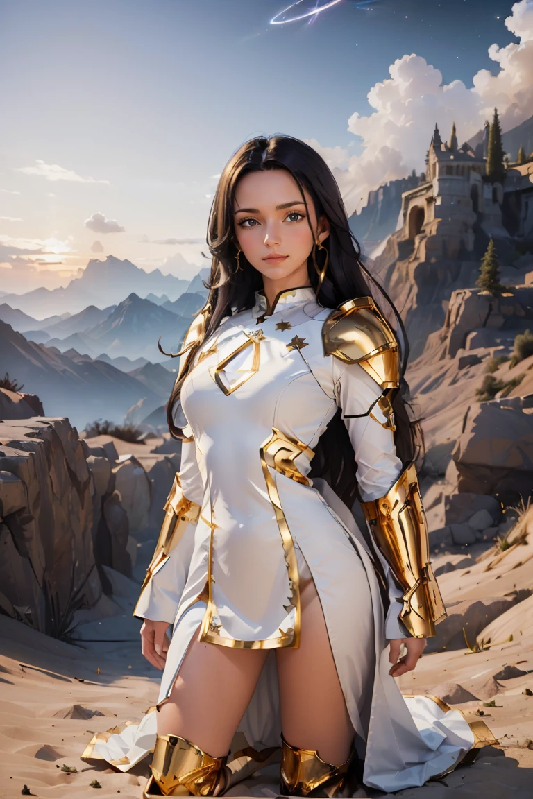 ((masterpiece, best quality, extremely detailed), volumetric lighting, ambient occlusion, colorful, glowing), 1girl, solo, young girl, (dark hair), long hair, halo, aura, sacred, goddess, cleric suit, (white outfit with gold detailst:1.3), armor, outdoors, sunset, sky, clouds, space, (fantasy theme:1.2), full body armor