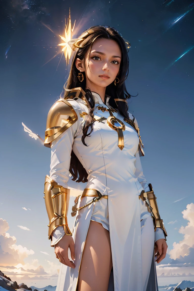 ((masterpiece, best quality, extremely detailed), volumetric lighting, ambient occlusion, colorful, glowing), 1girl, solo, young girl, (dark hair), long hair, halo, aura, sacred, goddess, cleric suit, (white outfit with gold detailst:1.3), armor, outdoors, sunset, sky, clouds, space, (fantasy theme:1.2), full body armor