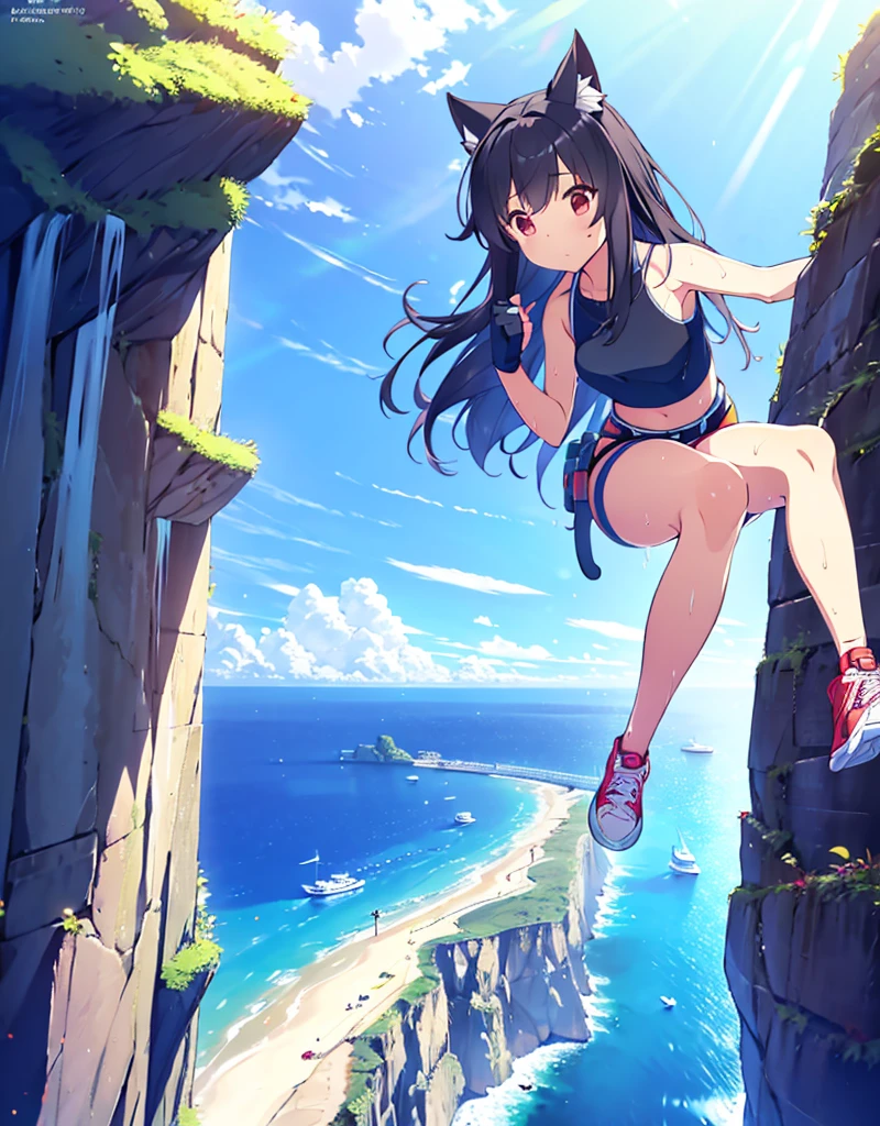 (Best Quality,4k,8k,high resolution,Masterpiece:1.2),ultra detailed,(realist,photorealist,photo-realist:1.37),a junkotvv girl,broad, black fur, Red eyes, cat ears, ,(((free solo climbing))), ((hands on the cliff)), ((Lift your head)), ((sweat)), ((fluttering hair)), ((sneakers)), ((during)), (crop top), (Bermuda Islands), learn, fog, sky, jungle, Canyon, high sky, femaleroverdef
Thighs, gloves, bare shoulders, Bermuda Islands, sleeveless, black Thighs, fingerless gloves,He drowned,Thighs,