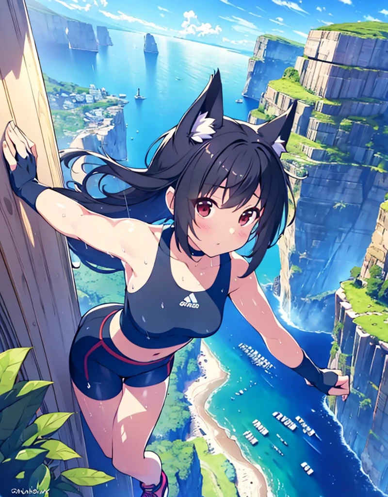 (Best Quality,4k,8k,high resolution,Masterpiece:1.2),ultra detailed,(realist,photorealist,photo-realist:1.37),a junkotvv girl,broad, black fur, Red eyes, cat ears, ,(((free solo climbing))), ((hands on the cliff)), ((Lift your head)), ((sweat)), ((fluttering hair)), ((sneakers)), ((during)), (crop top), (Bermuda Islands), learn, fog, sky, jungle, Canyon, high sky, femaleroverdef
Thighs, gloves, bare shoulders, Bermuda Islands, sleeveless, black Thighs, fingerless gloves,He drowned,Thighs,